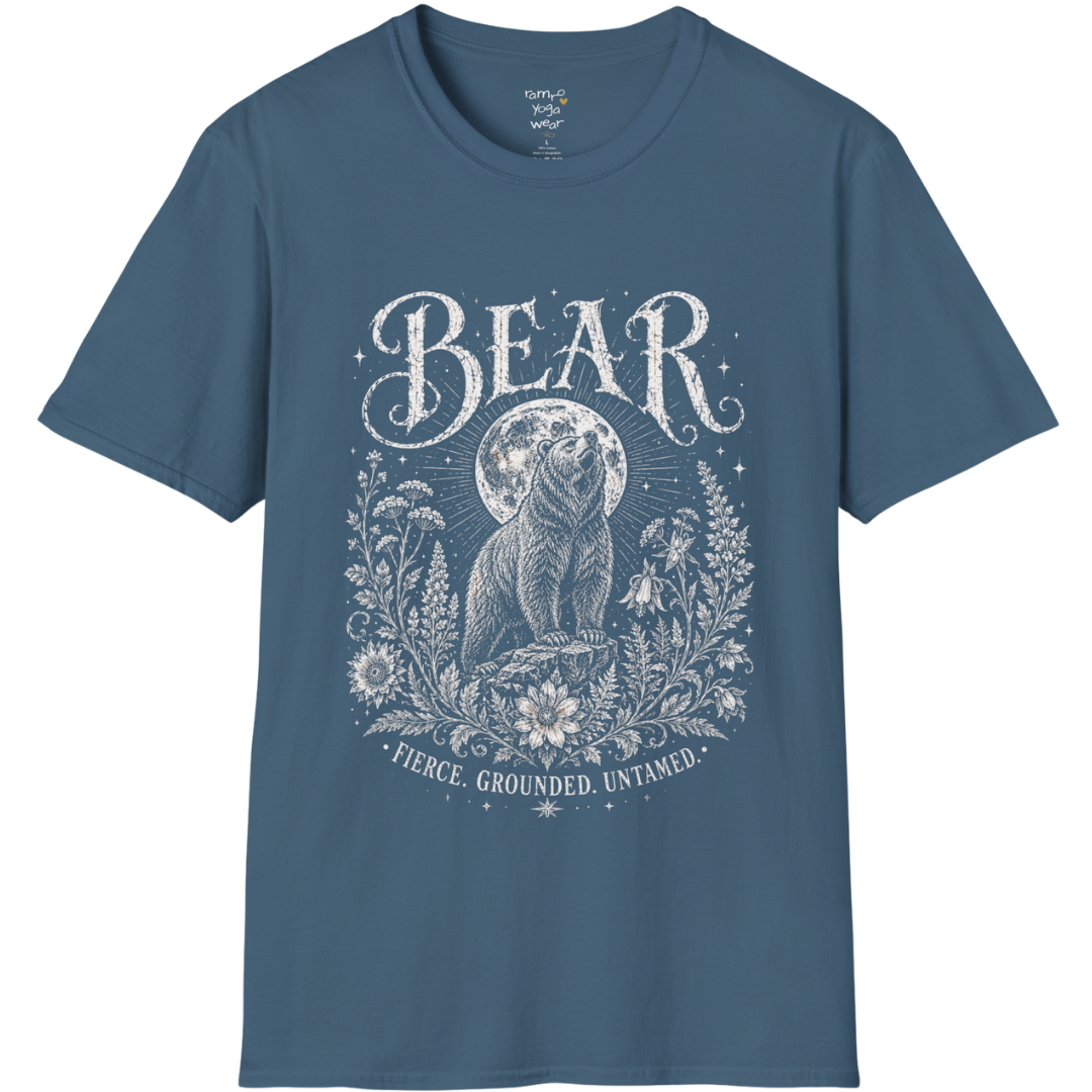 Ramro Yoga Wear Bear tee in Indigo Blue — bear full moon botanical vintage design, flat lay product shot