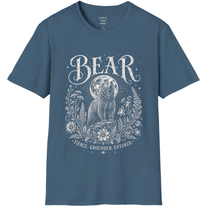 Ramro Yoga Wear Bear tee in Indigo Blue — bear full moon botanical vintage design, flat lay product shot