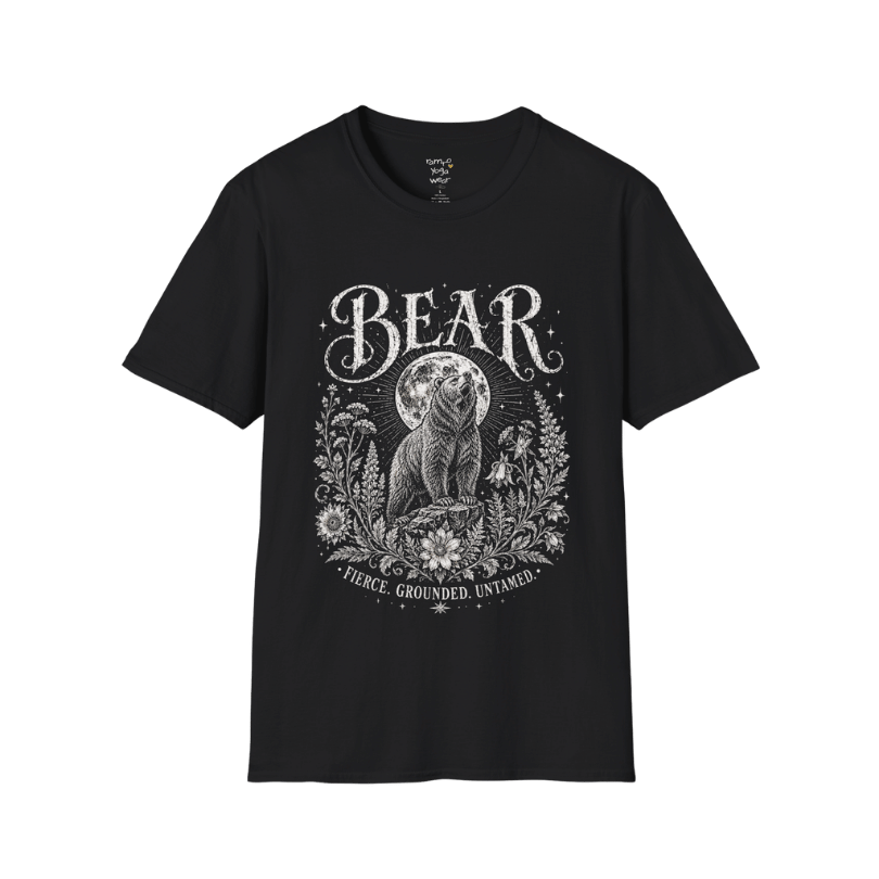 Ramro Yoga Wear Bear tee in Black — bear full moon botanical vintage design, flat lay product shot