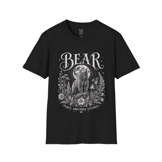 Ramro Yoga Wear Bear tee in Black — bear full moon botanical vintage design, flat lay product shot