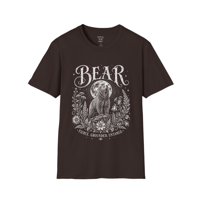 Ramro Yoga Wear Bear tee in Dark Chocolate — bear full moon botanical vintage design, flat lay product shot