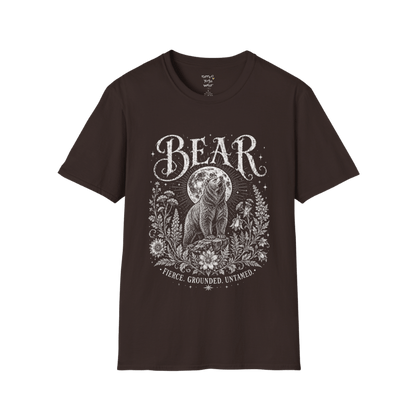 Ramro Yoga Wear Bear tee in Dark Chocolate — bear full moon botanical vintage design, flat lay product shot