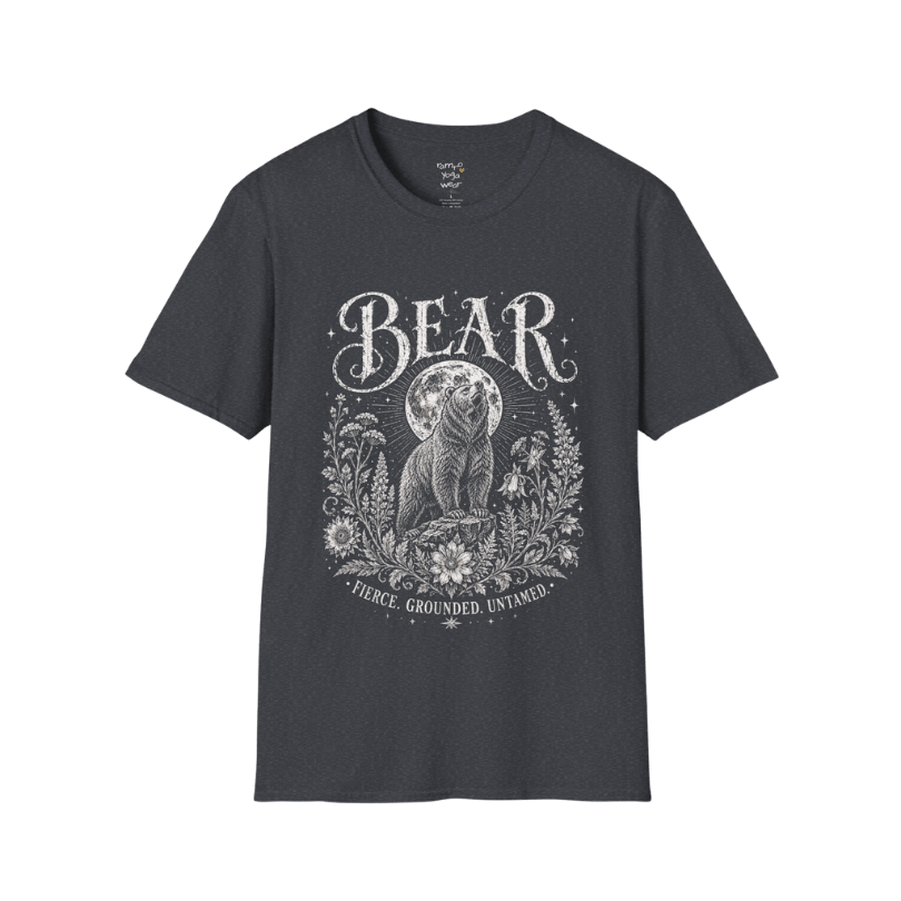 Ramro Yoga Wear Bear tee in Dark Heather Grey — bear full moon botanical vintage design, flat lay product shot