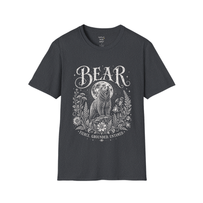 Ramro Yoga Wear Bear tee in Dark Heather Grey — bear full moon botanical vintage design, flat lay product shot