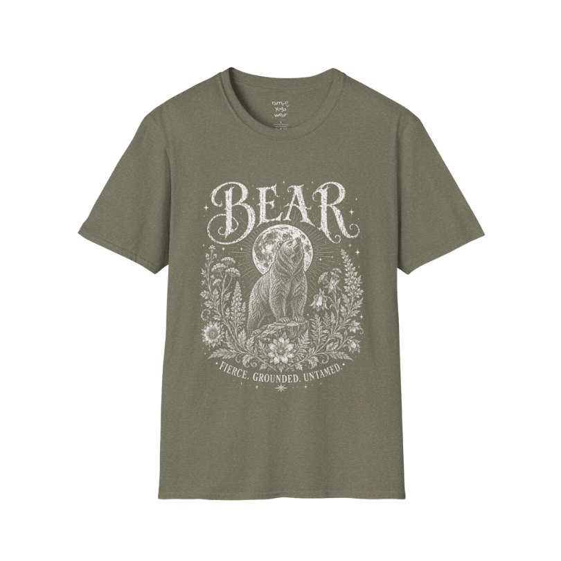 Ramro Yoga Wear Bear tee in Heather Military Green — bear full moon botanical vintage design, flat lay product shot