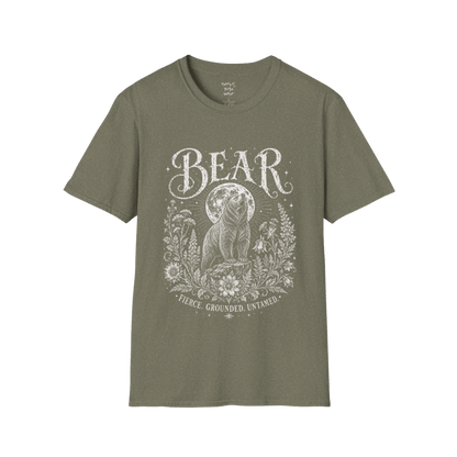 Ramro Yoga Wear Bear tee in Heather Military Green — bear full moon botanical vintage design, flat lay product shot