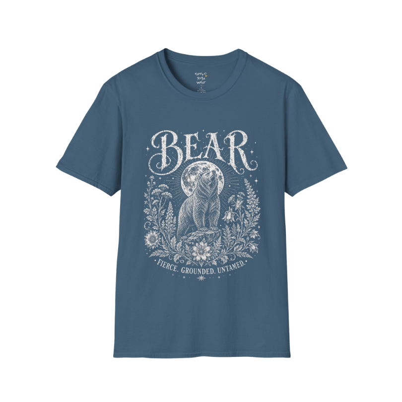 Ramro Yoga Wear Bear tee in Indigo Blue — bear full moon botanical vintage design, flat lay product shot