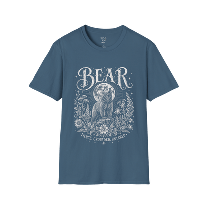 Ramro Yoga Wear Bear tee in Indigo Blue — bear full moon botanical vintage design, flat lay product shot