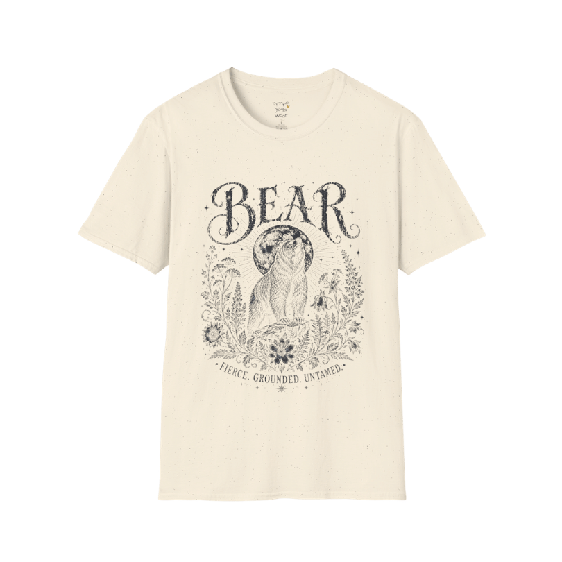 Ramro Yoga Wear Bear tee in Natural — bear full moon botanical vintage design, flat lay product shot