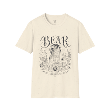 Ramro Yoga Wear Bear tee in Natural — bear full moon botanical vintage design, flat lay product shot