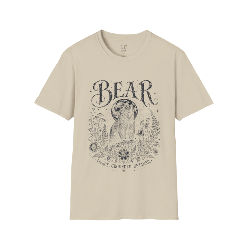 Ramro Yoga Wear Bear tee in Sand — bear full moon botanical vintage design, flat lay product shot