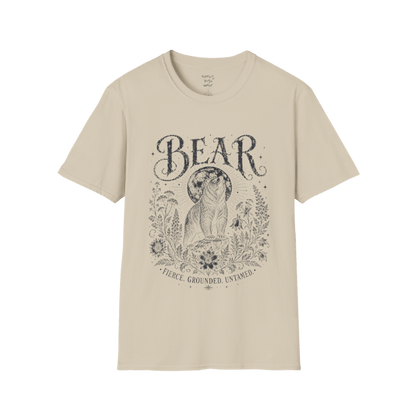 Ramro Yoga Wear Bear tee in Sand — bear full moon botanical vintage design, flat lay product shot