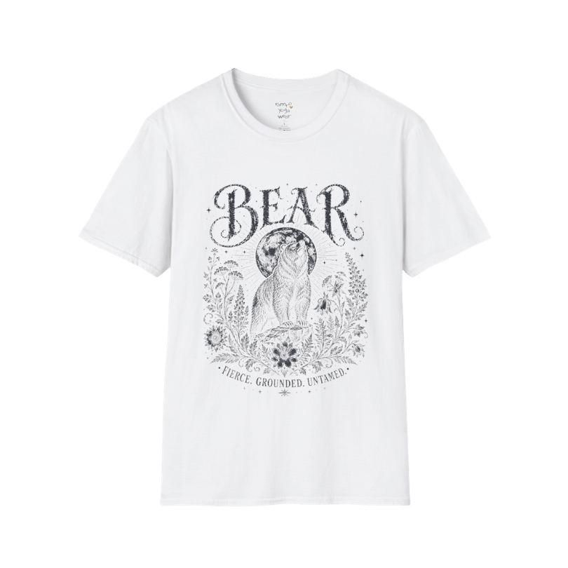 Ramro Yoga Wear Bear tee in White — bear full moon botanical vintage design, flat lay product shot