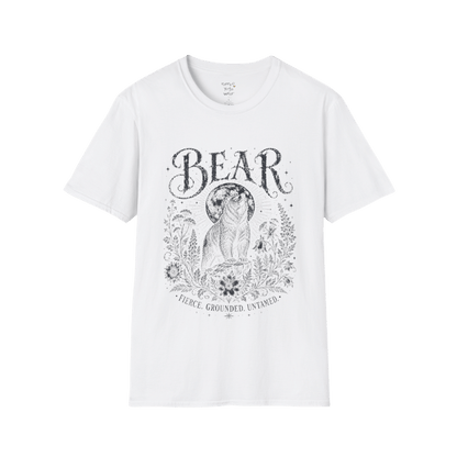 Ramro Yoga Wear Bear tee in White — bear full moon botanical vintage design, flat lay product shot