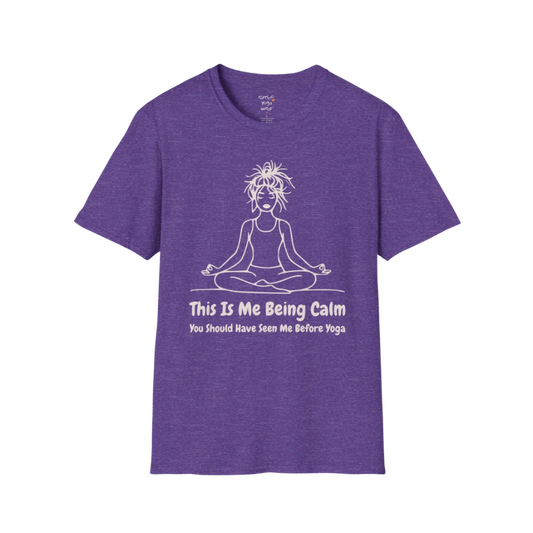 Being Calm T-Shirt in heather purple featuring calm yoga illustration and playful self-awareness quote. Soulful yoga tee with personality and ease.