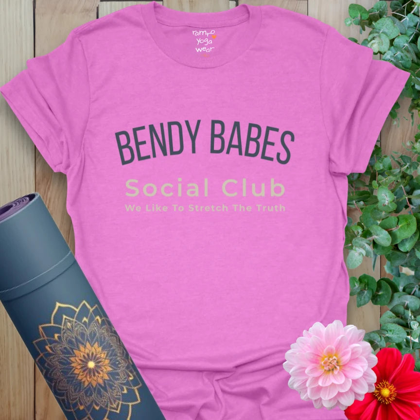 Heather Radiant Orchid Bendy Babes Social Club Tee with quirky “Stretch the Truth” message.