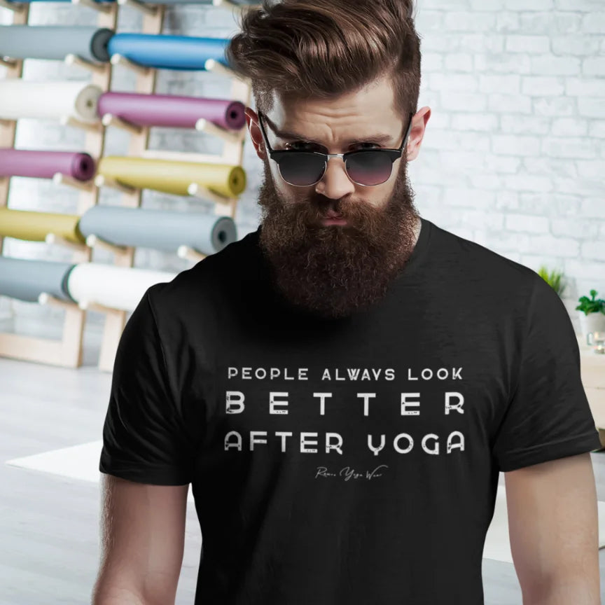 Person wearing Better T-Shirt in black, just about to start his yoga class — Funny Yoga Shirts collection by Ramro Yoga Wear