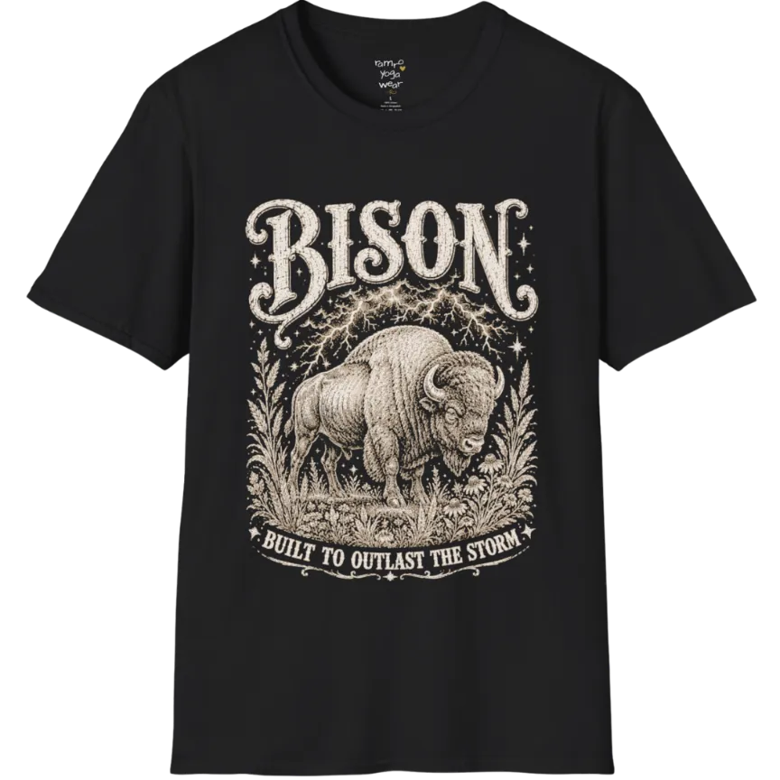 A short sleeved grunge tee with an illustrated bison design, botanical linework framing the scene, text reading "Bison" and "Built To Outlast The Storm" — Wild Animals collection by Ramro Yoga Wear in Black.