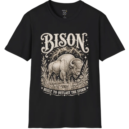 A short sleeved grunge tee with an illustrated bison design, botanical linework framing the scene, text reading "Bison" and "Built To Outlast The Storm" — Wild Animals collection by Ramro Yoga Wear in Black.