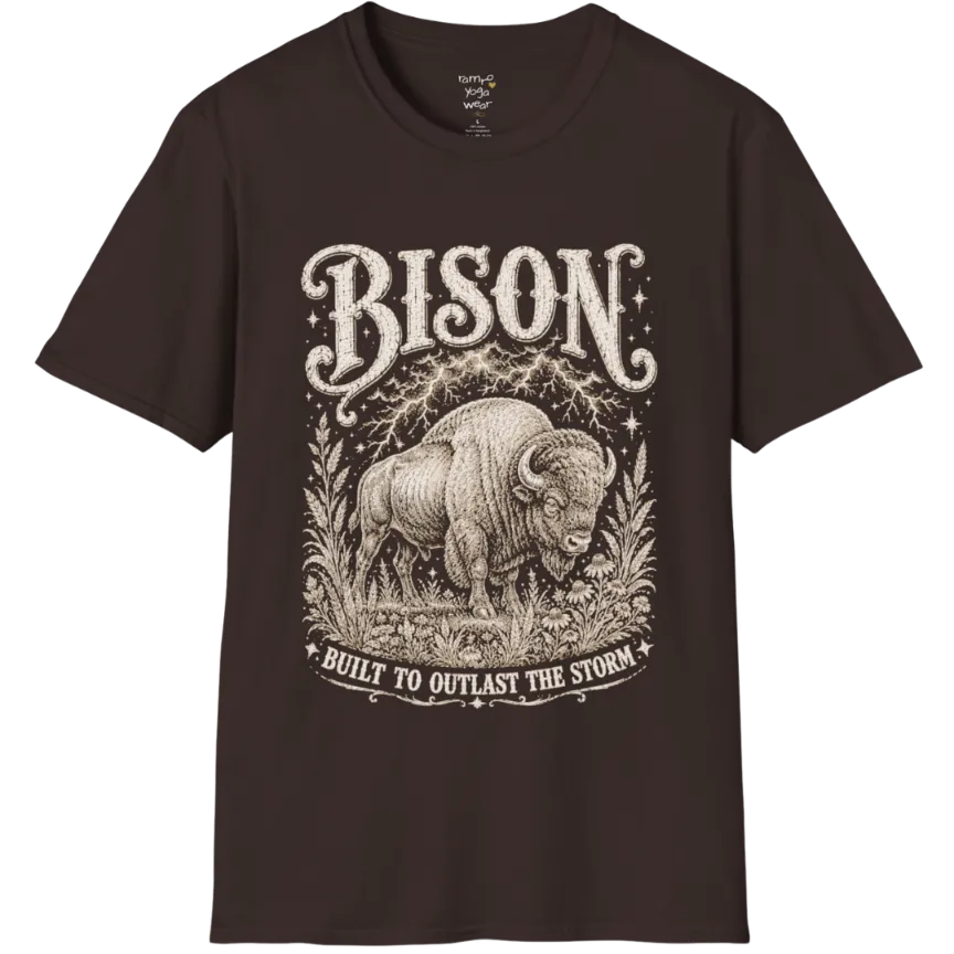 A short sleeved grunge tee with an illustrated bison design, botanical linework framing the scene, text reading "Bison" and "Built To Outlast The Storm" — Wild Animals collection by Ramro Yoga Wear in Dark Chocolate.