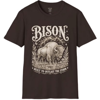 A short sleeved grunge tee with an illustrated bison design, botanical linework framing the scene, text reading "Bison" and "Built To Outlast The Storm" — Wild Animals collection by Ramro Yoga Wear in Dark Chocolate.