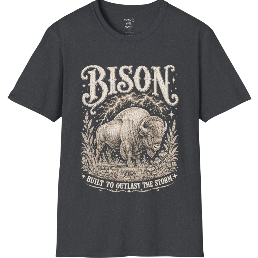 A short sleeved grunge tee with an illustrated bison design, botanical linework framing the scene, text reading "Bison" and "Built To Outlast The Storm" — Wild Animals collection by Ramro Yoga Wear in Dark Heather Grey.