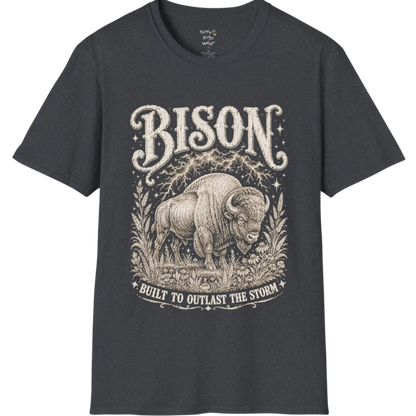 A short sleeved grunge tee with an illustrated bison design, botanical linework framing the scene, text reading "Bison" and "Built To Outlast The Storm" — Wild Animals collection by Ramro Yoga Wear in Dark Heather Grey.