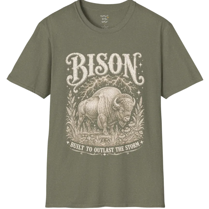 A short sleeved grunge tee with an illustrated bison design, botanical linework framing the scene, text reading "Bison" and "Built To Outlast The Storm" — Wild Animals collection by Ramro Yoga Wear in Heather Military Green