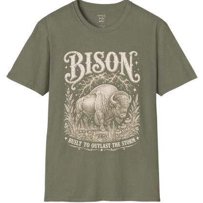 A short sleeved grunge tee with an illustrated bison design, botanical linework framing the scene, text reading "Bison" and "Built To Outlast The Storm" — Wild Animals collection by Ramro Yoga Wear in Heather Military Green