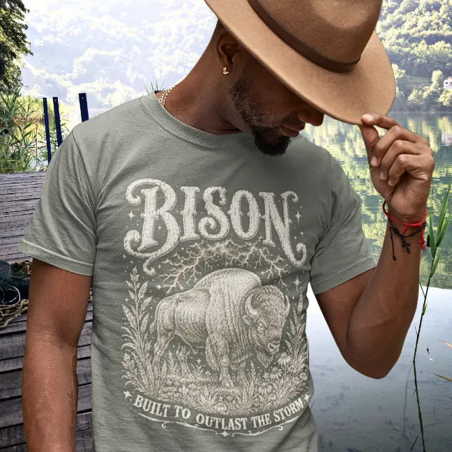 Person wearing the Bison T-Shirt in Heather Military Green, outdoors wearing a hat near a scenic overlook — Wild Animals collection by Ramro Yoga Wear.