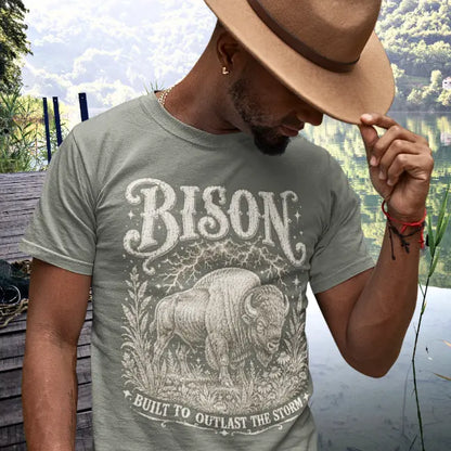 Person wearing the Bison T-Shirt in Heather Military Green, outdoors wearing a hat near a scenic overlook — Wild Animals collection by Ramro Yoga Wear.