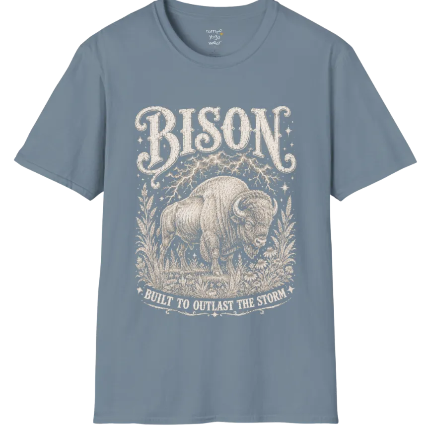 A short sleeved grunge tee with an illustrated bison design, botanical linework framing the scene, text reading "Bison" and "Built To Outlast The Storm" — Wild Animals collection by Ramro Yoga Wear in Stone Blue.