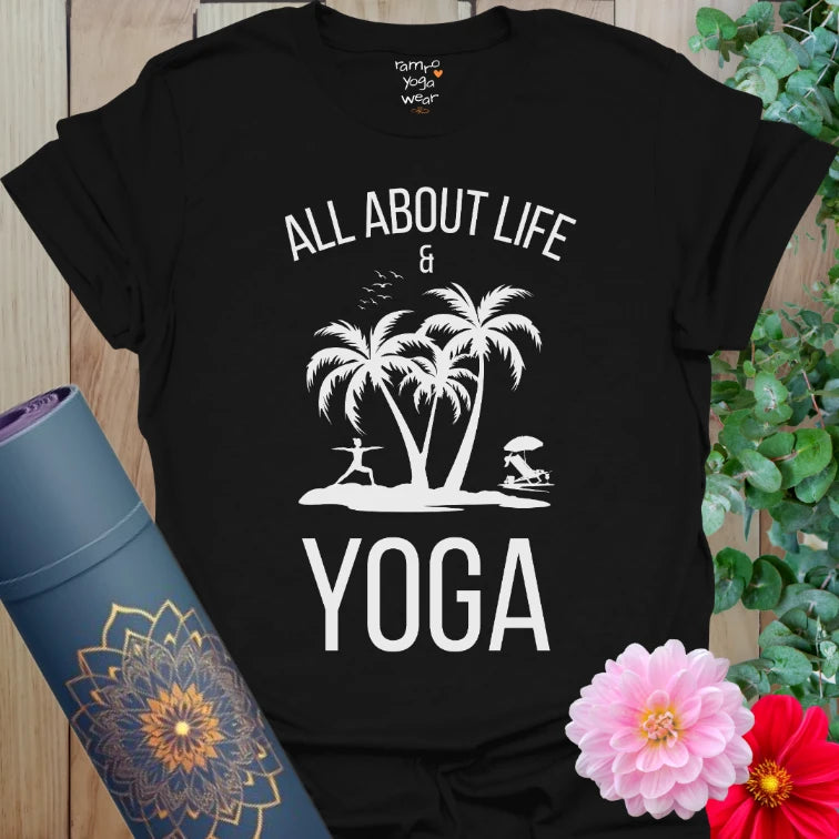 Black About Life T-Shirt with white palm tree yoga design. Yoga shirt with tropical beach vibes and peaceful presence.
