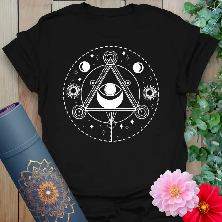 Designed by Ramro Yoga Wear, Black All Seeing Eye T-Shirt – metaphysical yoga tee featuring third eye graphic and spiritual energy