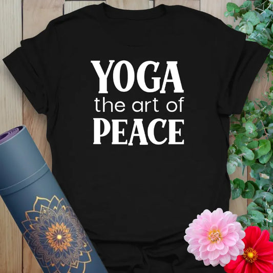 Black Art of Yoga T-Shirt – Unisex cotton yoga t-shirt with "Yoga the art of peace" quote in white text.