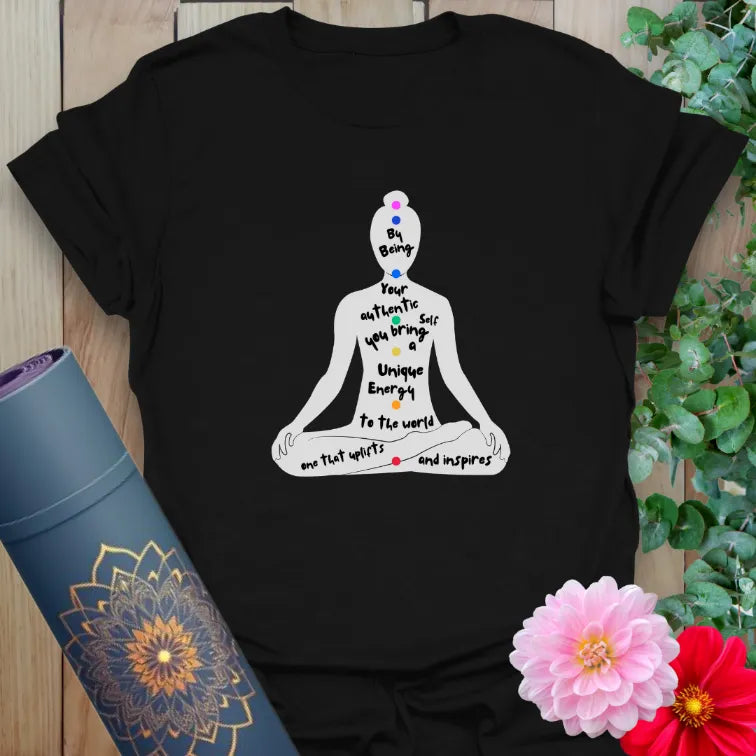 Black yoga t-shirt with meditating figure and empowering message about authenticity