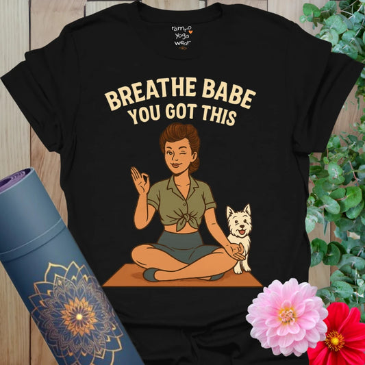  Classic black retro yoga t-shirt featuring seated yogi and uplifting message for mindful self-love and style.
