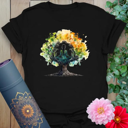 Black yoga t-shirt with Tree of Life watercolor graphic and meditating yogi design
