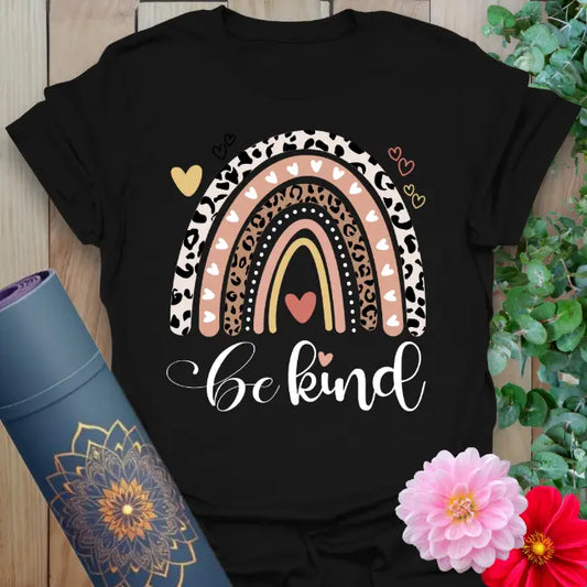 Black kindness t-shirt with leopard rainbow and "be kind" heart print