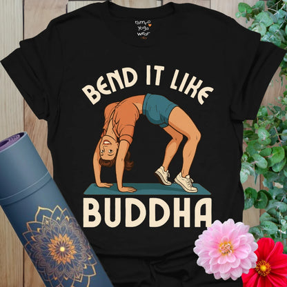Classic black unisex cotton tee with vintage backbend yogi artwork and fun yoga humor slogan.