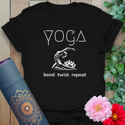 Black yoga t-shirt with modern pose illustration and “bend twist repeat” quote