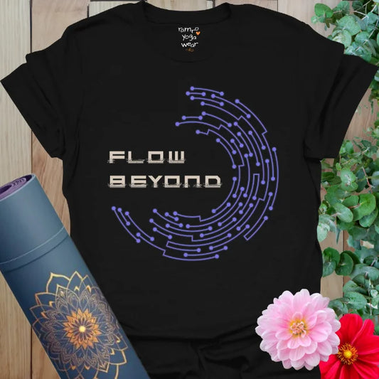 Black Beyond T-Shirt with futuristic violet arc and tech-text 'Flow Beyond' for yogis who love digital flow and bold self-expression.