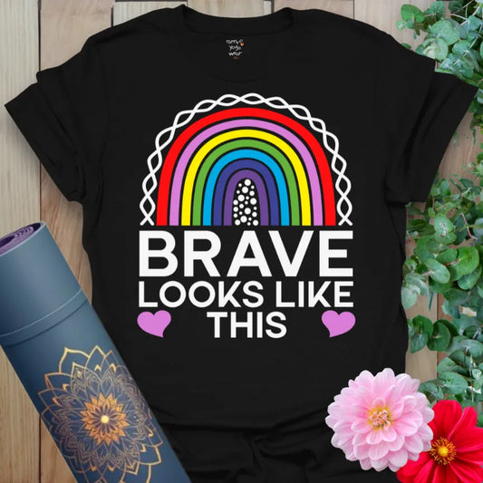 Black t-shirt with colorful rainbow and "Brave Looks Like This" inspirational quote