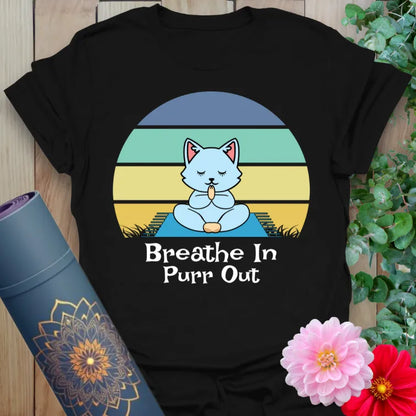Black t-shirt with meditating cat and "Breathe In Purr Out" retro graphic