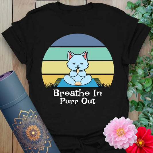 Black t-shirt with meditating cat and "Breathe In Purr Out" retro graphic