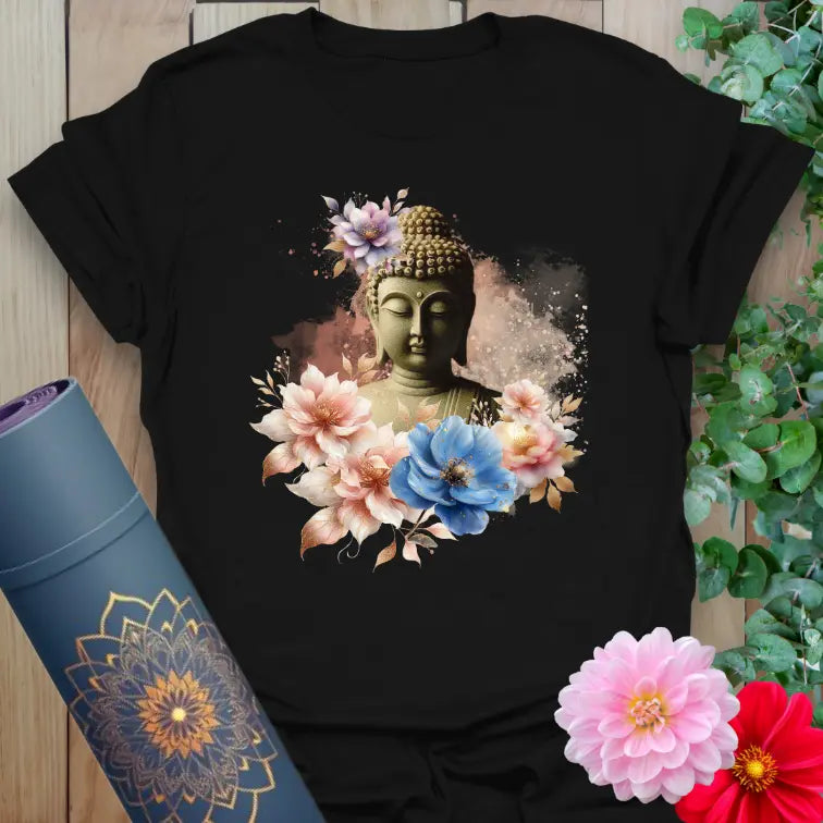 Black t-shirt with Buddha head surrounded by soft watercolor floral design