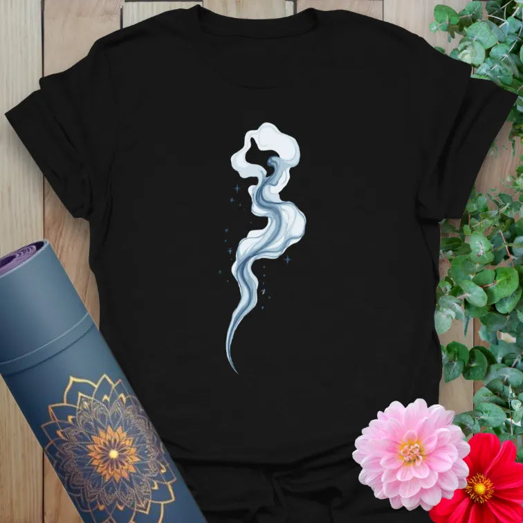 Black t-shirt with white swirling smoke and cosmic dust design