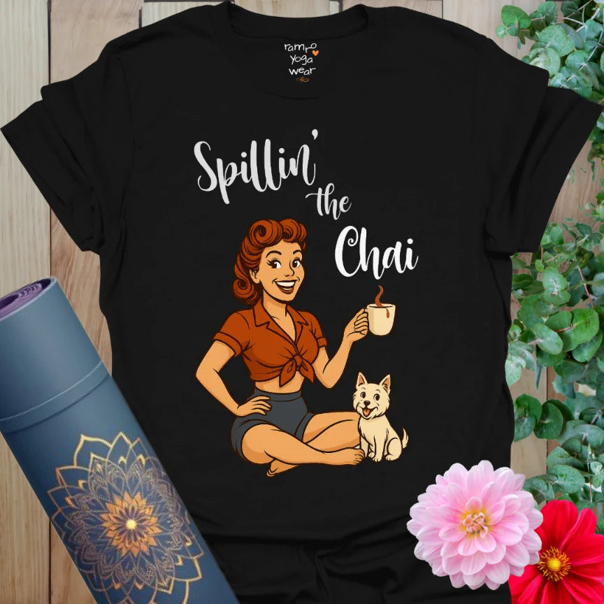 Classic black yoga tee with vintage-style pinup illustration and chai mug design, perfect for everyday sass and comfort.
