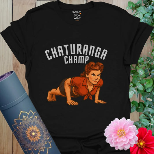 Classic black retro yoga strength shirt featuring powerful pinup yogi in low plank pose.