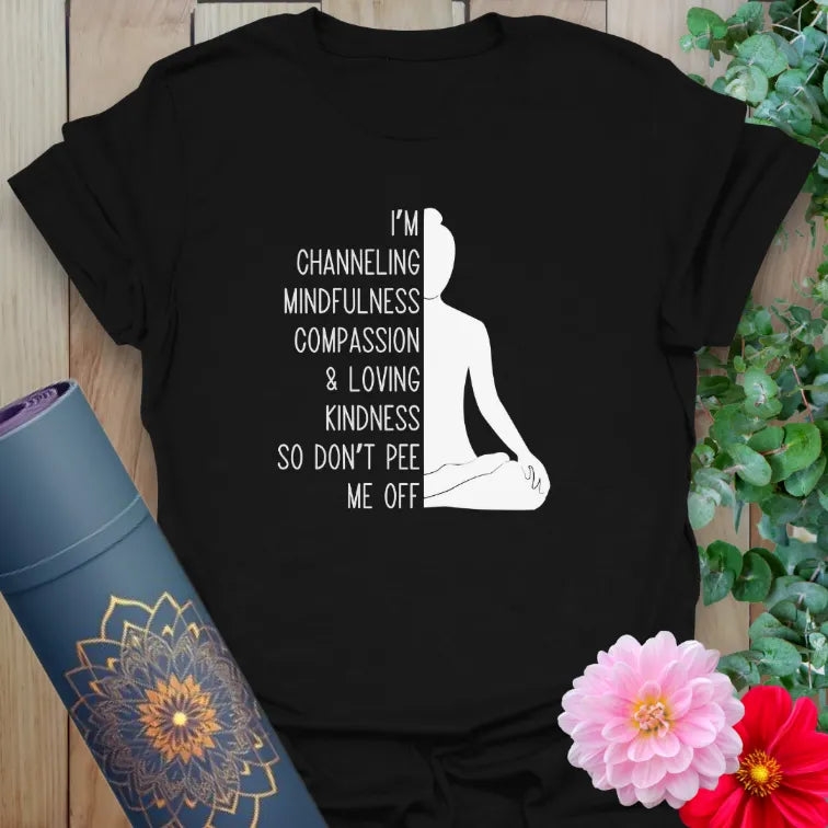 Black yoga t-shirt with white silhouette and funny mindfulness quote